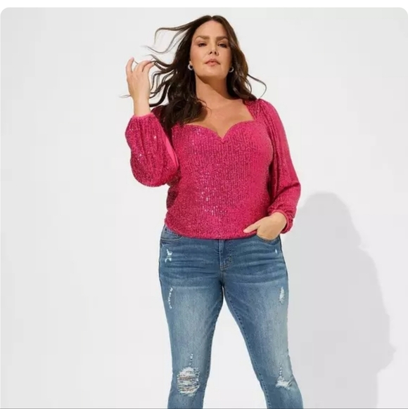 🍂🍁NWOT TORRID 3X Sequin Deep V-Neck Long Sleeve Blouse - Picture 1 of 5